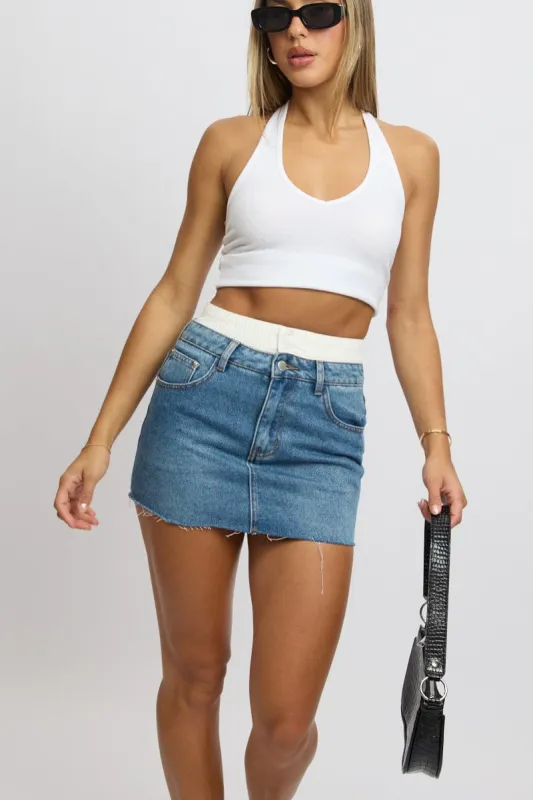 Denim Mini Skirt High Rise Underwear Waist Detail sold by Ally Fashion