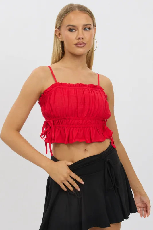 Red Cami Top Ruched Side Bow Linen Blend sold by Ally Fashion