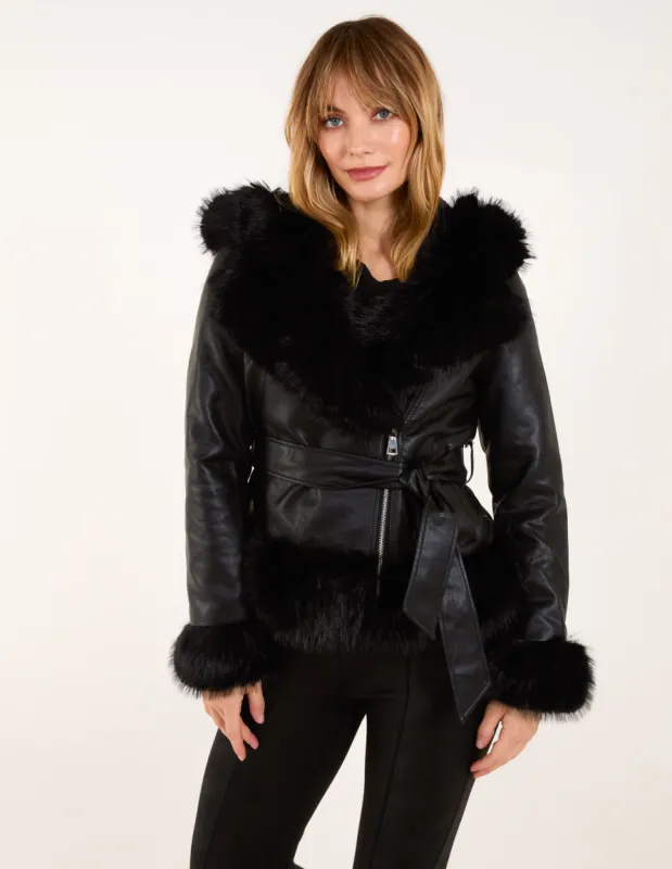 Hooded Zip Faux Fur Cropped PU Jacket sold by Blue Vanilla