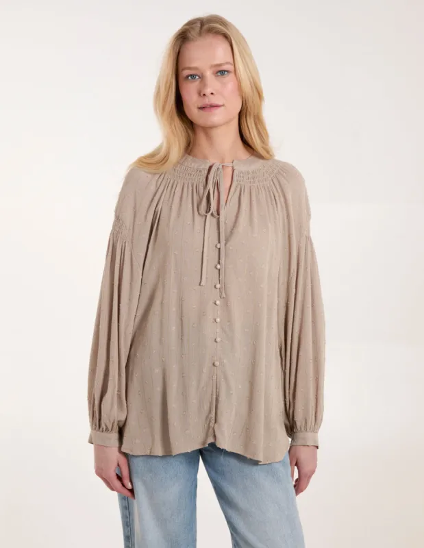 Long Cuff Sleeve Button Down Tie Front Shirt sold by Blue Vanilla