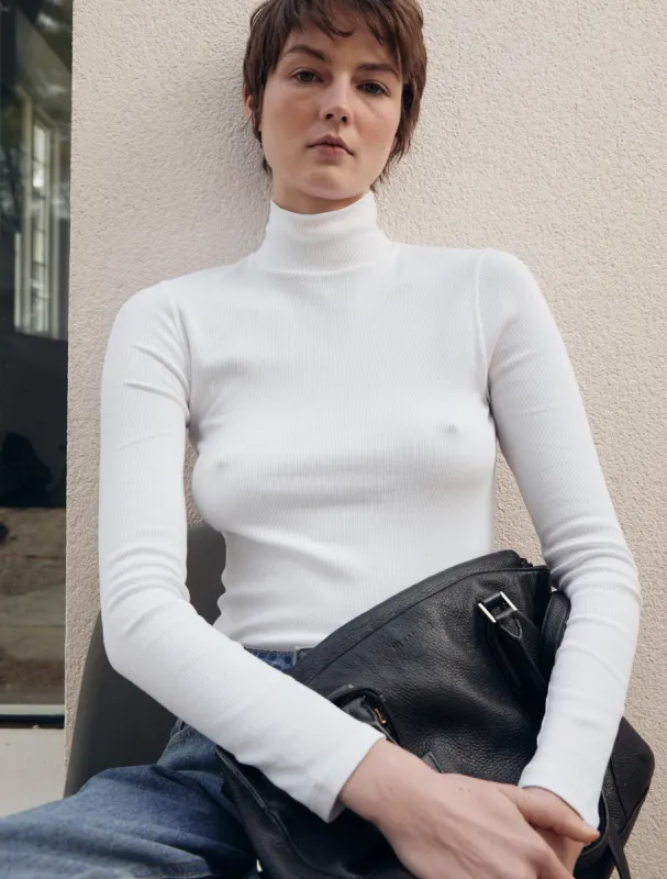 Suri Classic Rib High Neck Top in White sold by Ninety Percent
