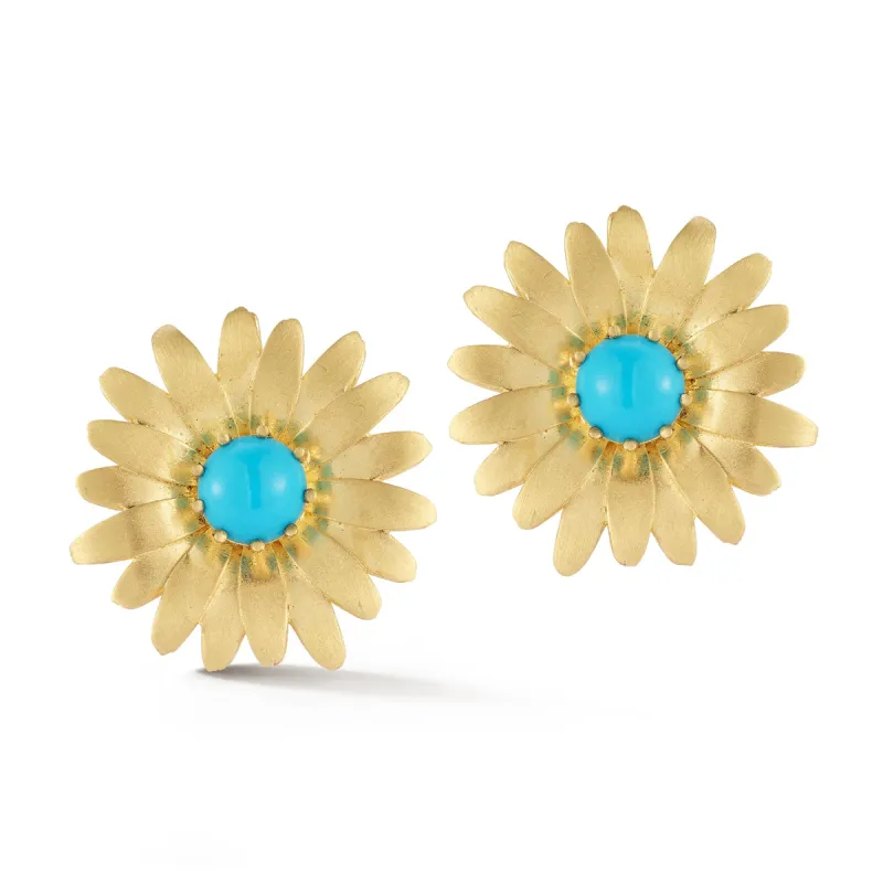 Large Gold Daisy Earrings with Turquoise sold by Tanya Farah