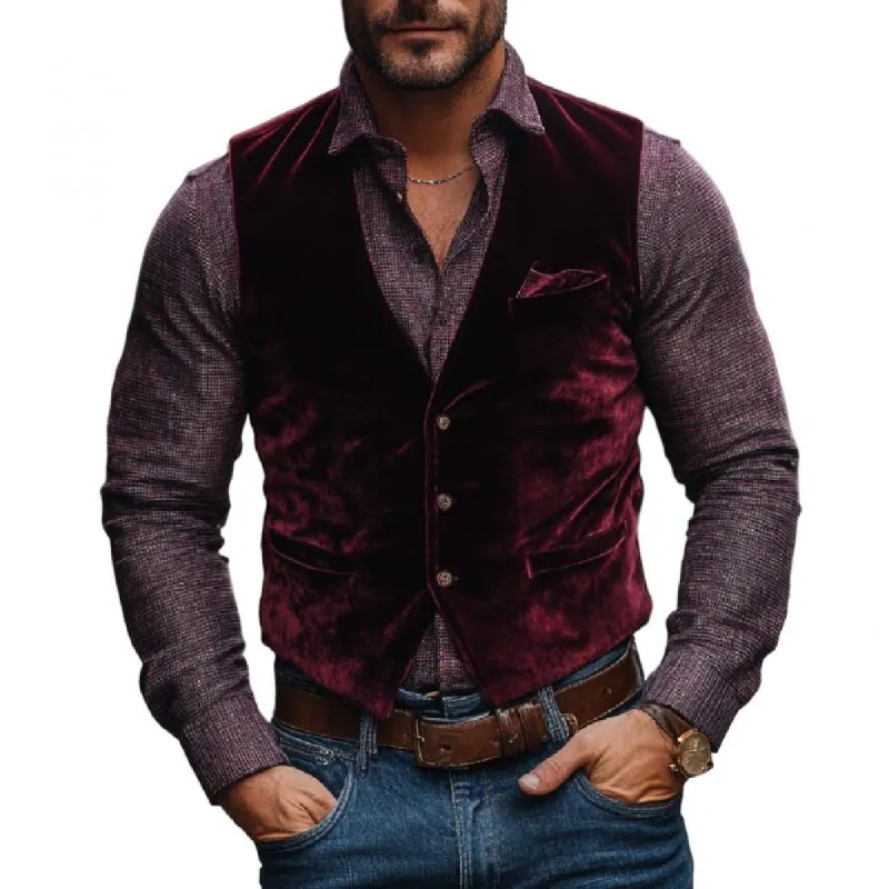 Men's Vintage Velvet V-neck Single-breasted Slim Vest 79289311M sold by Manly