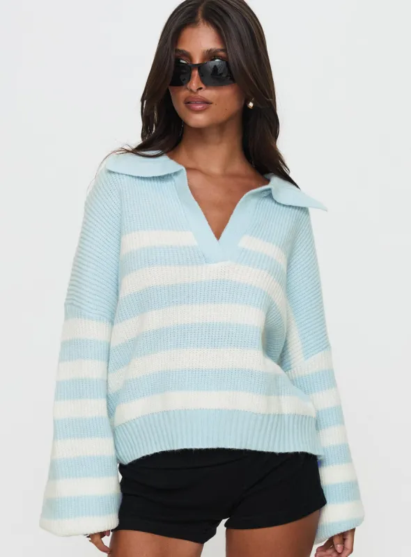 Carolena Long Sleeve Collared Knit Sweater Blue / White Stripe sold by Princess Polly