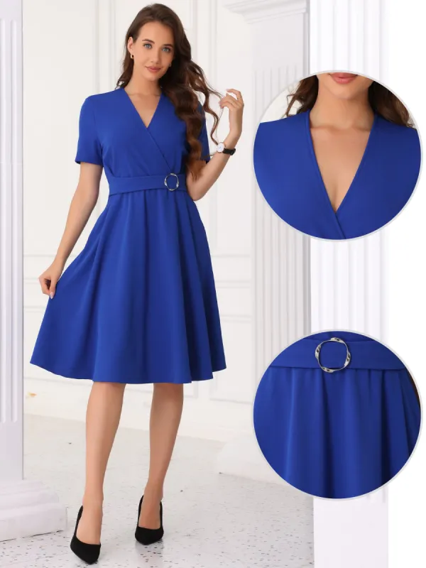 V Neck Short Sleeve Solid Color A-Line Midi Dress sold by Allegra K