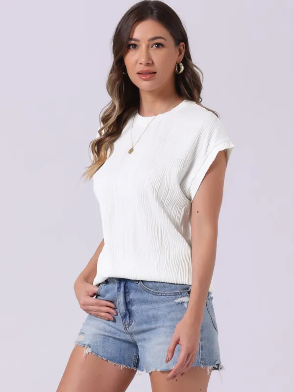 Textured Cap Sleeve Crew Neck Solid Color Blouse sold by Allegra K
