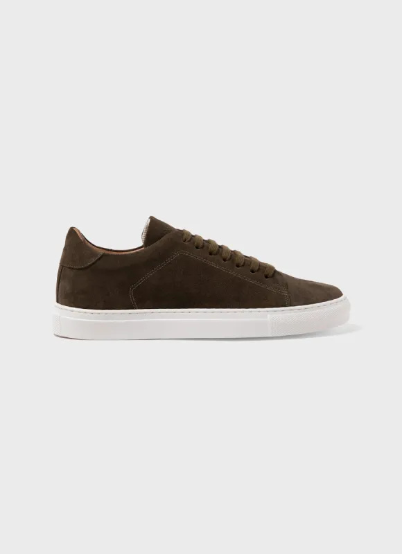 Men's Suede Tennis Shoe in Dark Moss sold by Sunspel