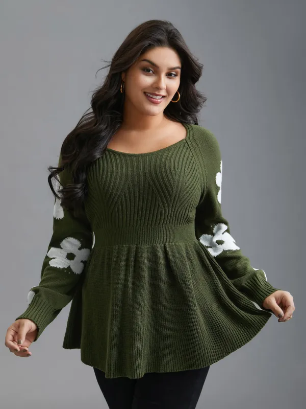 Floral Patch Jacquard Cinched Waist Pullover sold by Bloomchic