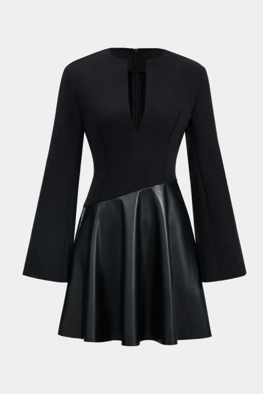 Faux Leather Patchwork V-Neck Long Sleeve Mini Dress sold by Micas