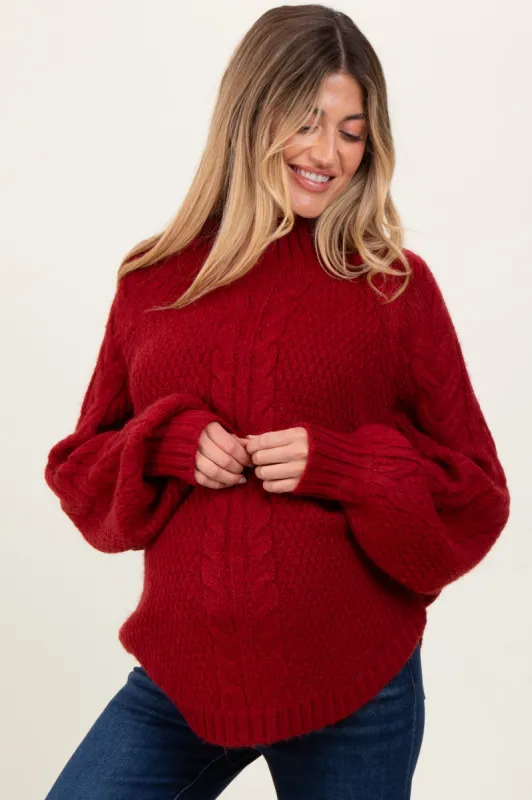Burgundy Mixed Chunky Cable Knit Mock Neck Maternity Sweater sold by Pinkblush