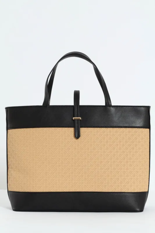 Wicker Detail Tote Bag - Black sold by Edgars