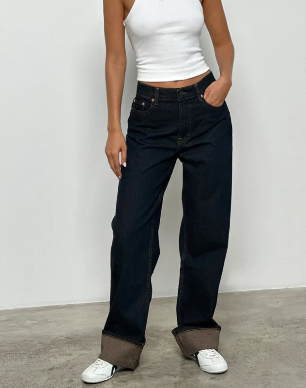 Mid Rise Turn Up Straight Jeans in Indigo sold by Motel Rocks