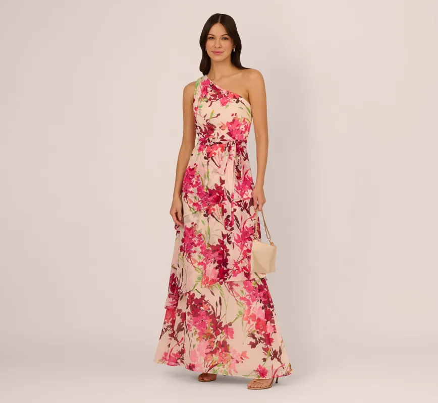 One Shoulder Floral Chiffon Tiered Gown In Alabaster Multi sold by Adrianna Papell
