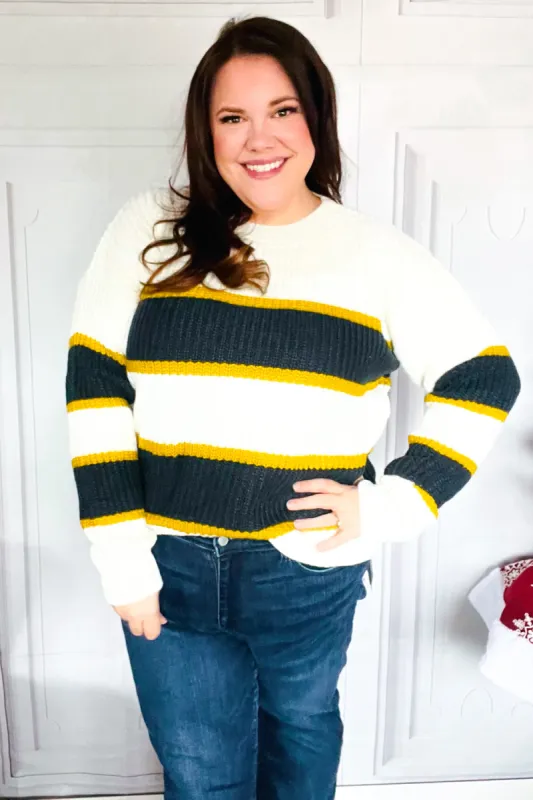 Casual Chic Yellow & Ivory Stripe Oversize Knit Sweater sold by Charming Charlie