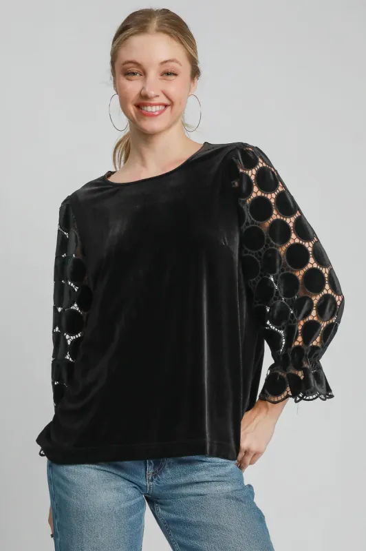 Umgee Polka Dot Lace Long Sleeve Round Neck Blouse sold by Charming Charlie