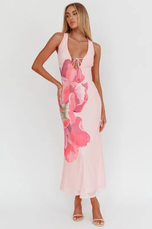 Cinders Tied Plunging Neckline Maxi Dress Flower Pink sold by Selfie Leslie