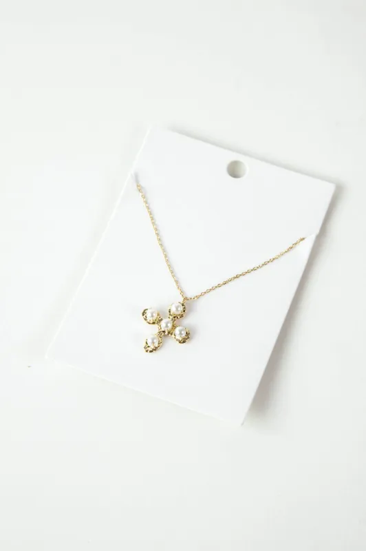 Textured Cross & Pearl Pendant Necklace, Cream/Gold sold by North & Main Clothing Company