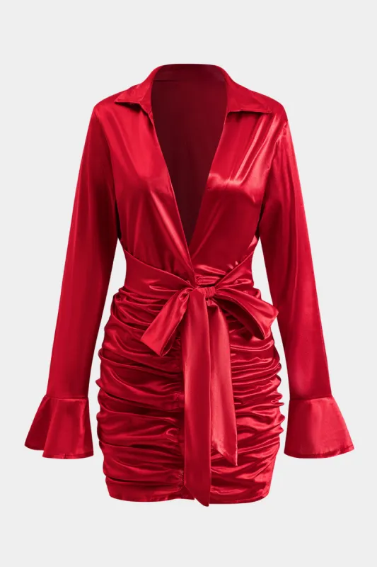 Satin Tie-Up Ruched Long Sleeve Mini Dress sold by Micas