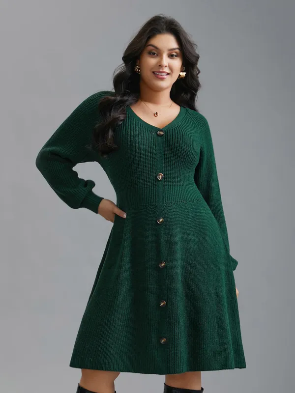 Raglan Sleeve Textured Button Detailing Dress sold by Bloomchic