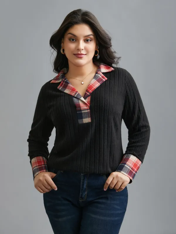 Lapel Collar Plaid Contrast Fitted Top sold by Bloomchic