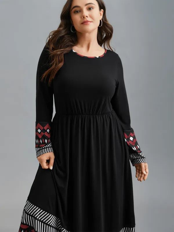 Crew Neck Geometric Print Patchwork Dress sold by Bloomchic