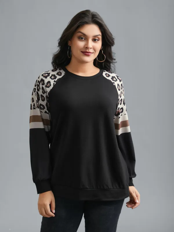 Round Neck Stretchy Leopard Sleeve Sweatshirt sold by Bloomchic