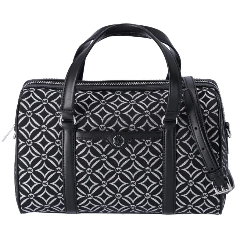 Michael Kors Jet Set Medium Duffle Bag Black Silver Logo Silver Metallic sold by Gaby's Bags