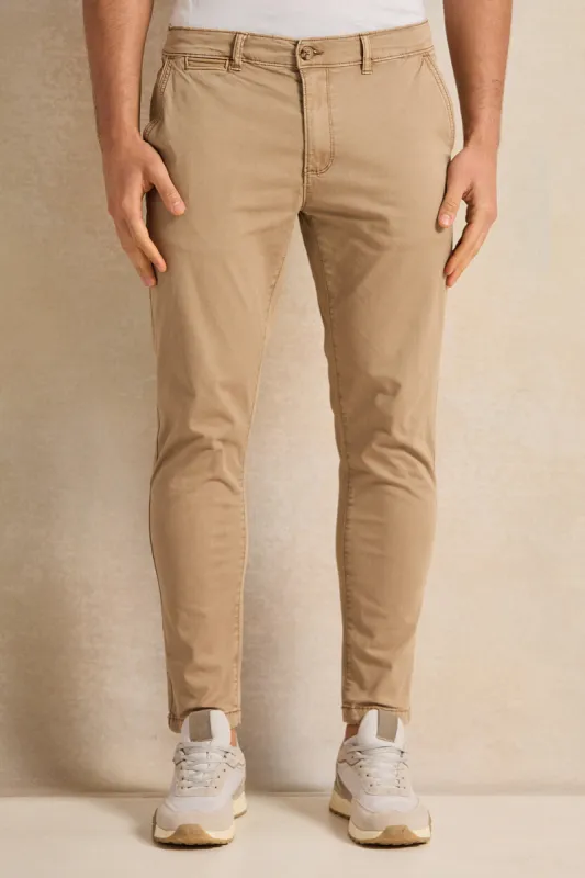 Beige Slim Fit Grament Dyed Chino Trousers sold by Redtag