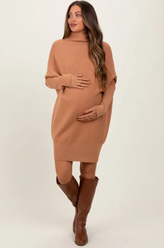 Light Camel Funnel Neck Dolman Sleeve Maternity Mini Dress sold by Pinkblush
