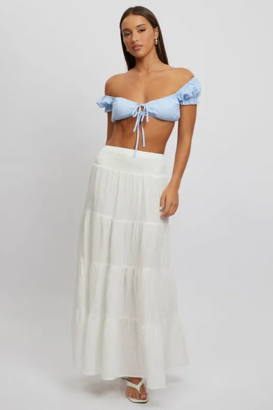 White Maxi Skirt Shirred Waist Tiered Relaxed Fit sold by Ally Fashion