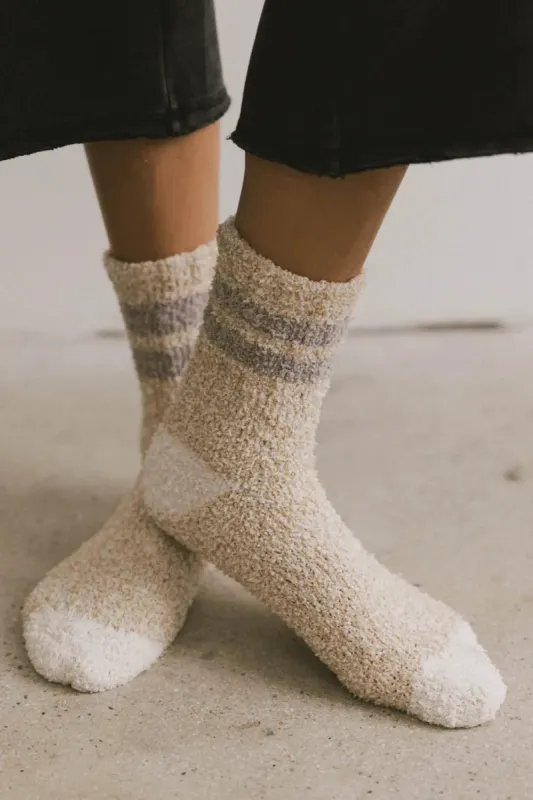 Fuzzy Striped Socks in Beige sold by bohme
