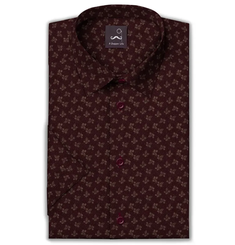 Pure Cotton - Semi-Spread Collar - Short Sleeve - Maroon Floral sold by Airthreads