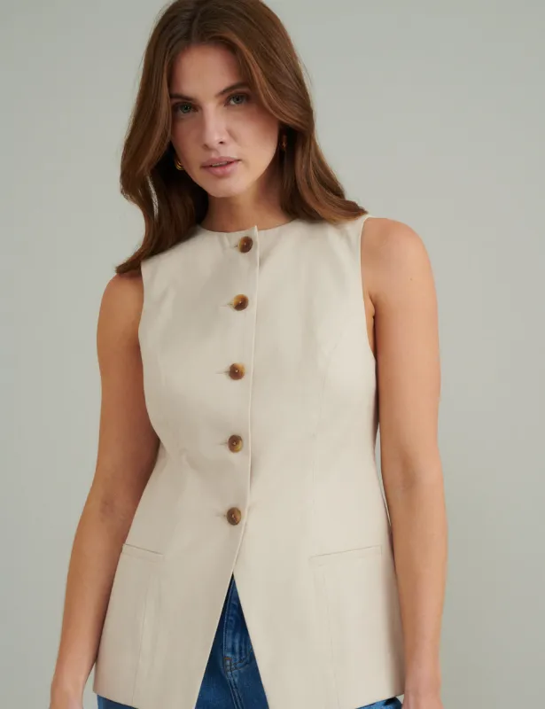 Cream Crew Neck Longline Waistcoat sold by Nobody's Child