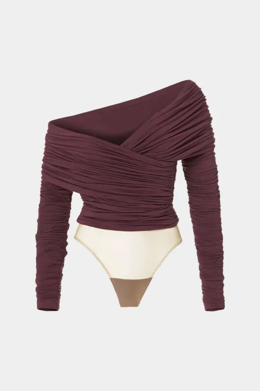 Mesh Patchwork Ruched Asymmetrical Neck Long Sleeve Bodysuit sold by Micas