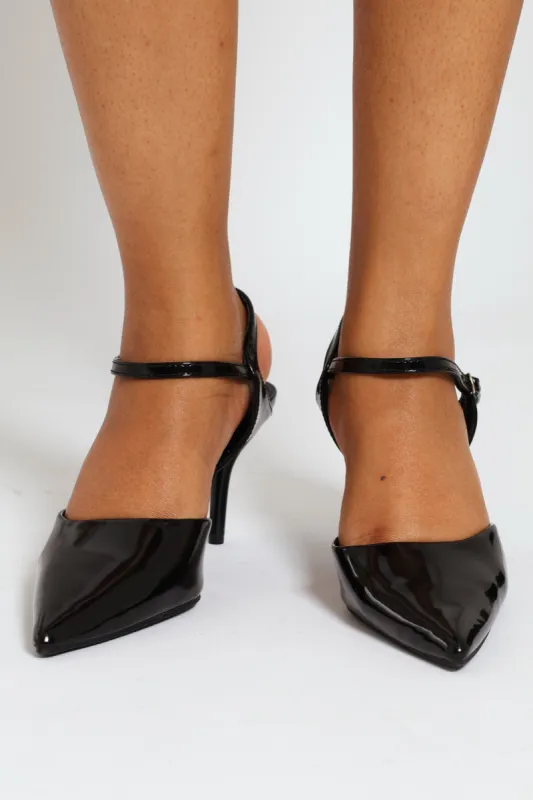Pointy Open Waist Ankle Strap Kitten Court Heel - Black sold by Edgars 