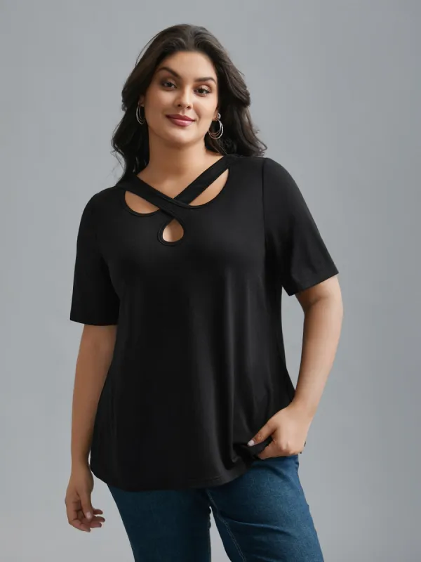 Crossover Keyhole Plain Stretchy T-Shirt sold by Bloomchic