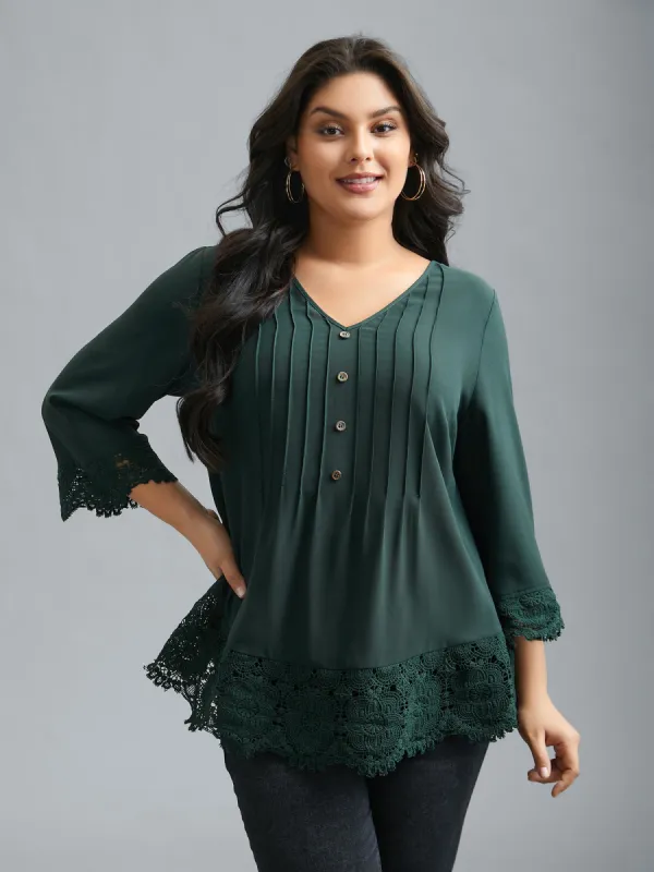 V Neck Plicated Detail Contrast Lace Blouse sold by Bloomchic