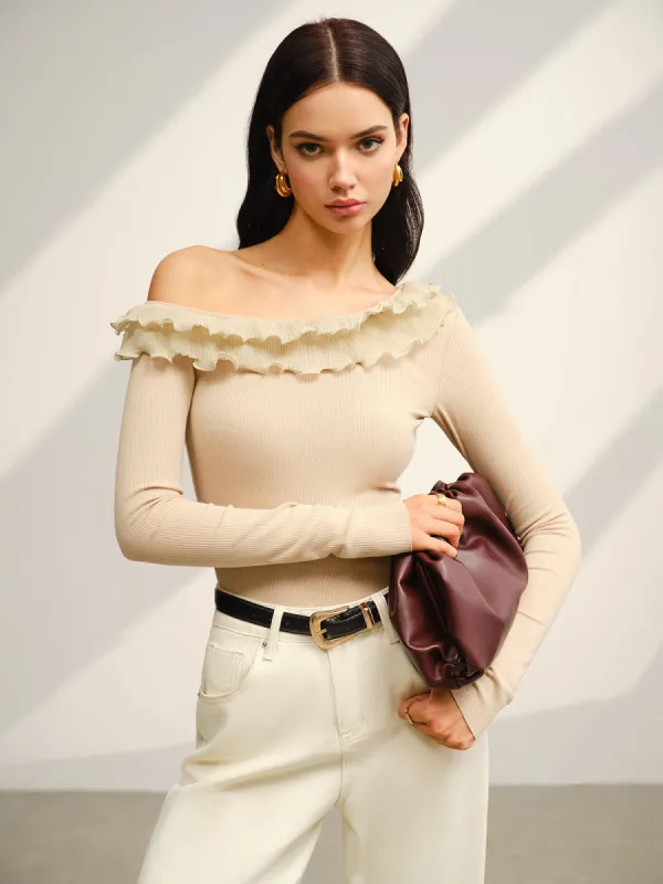 Asymmetrical Neck Lettuce Trim Jersey Top sold by COMMENSE
