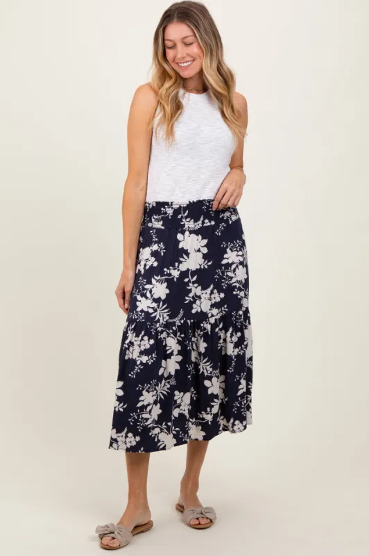 Navy Floral Smocked Waist Midi Skirt sold by Pinkblush