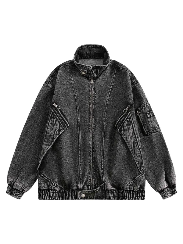 Deconstructed Stand Collar Denim Jacket sold by Thesupermade