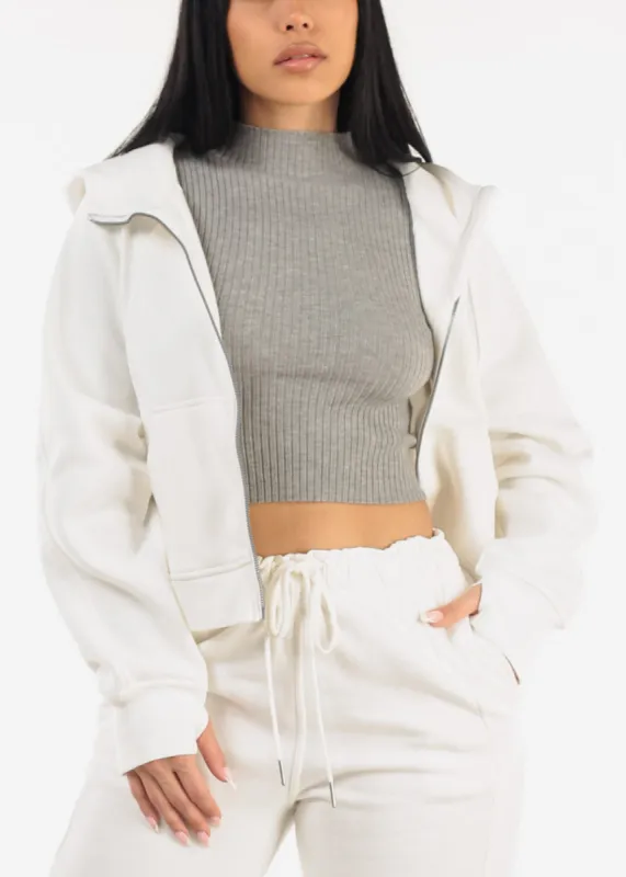 Zip Up White Fleece Hoodie w Thumbholes sold by Moda