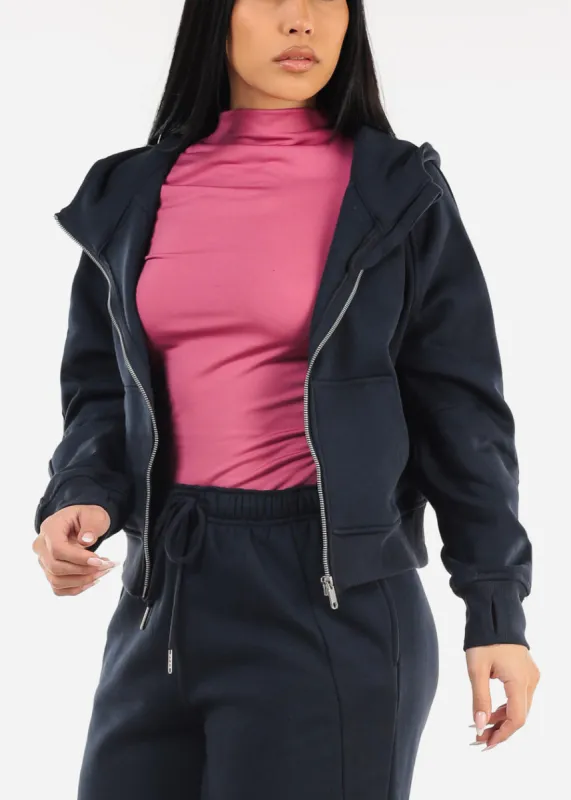 Zip Up Fleece Hoodie Navy w Thumbholes sold by Moda