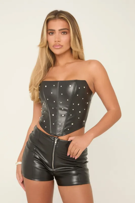 Black Embellished Faux Leather Corset - Victoria sold by Rebellious Fashion
