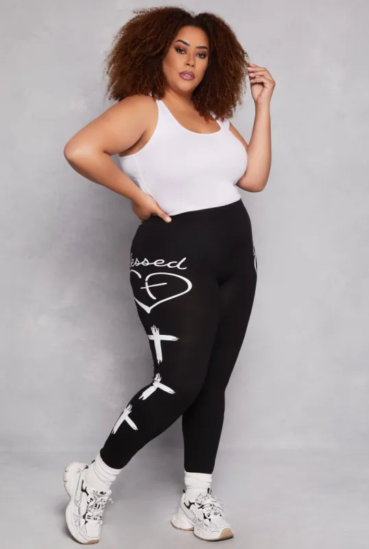 Plus Size Cross Print Blessed Leggings sold by Rainbow