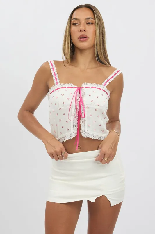 White Ditsy Cami Top Sleeveless Ribbon sold by Ally Fashion