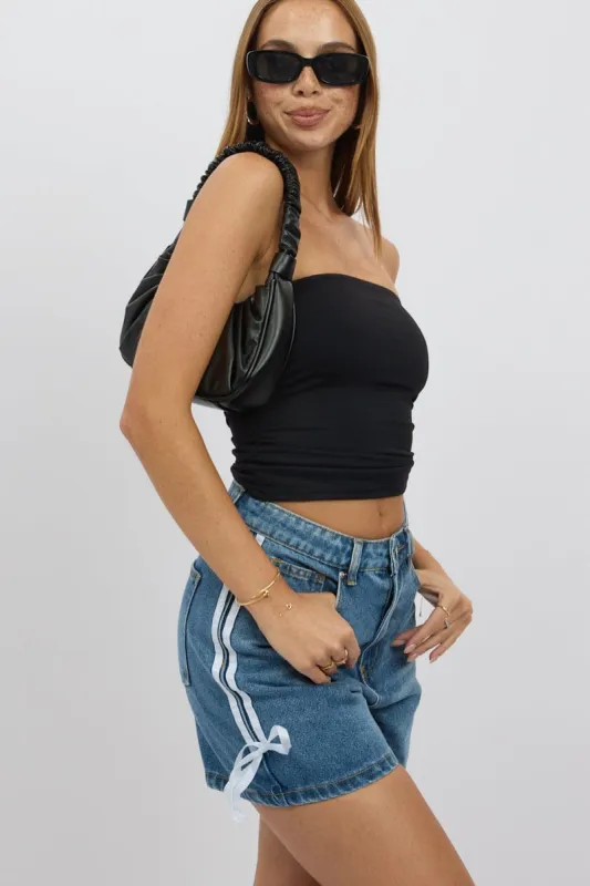 Denim Relaxed Shorts Ribbon detail sold by Ally Fashion
