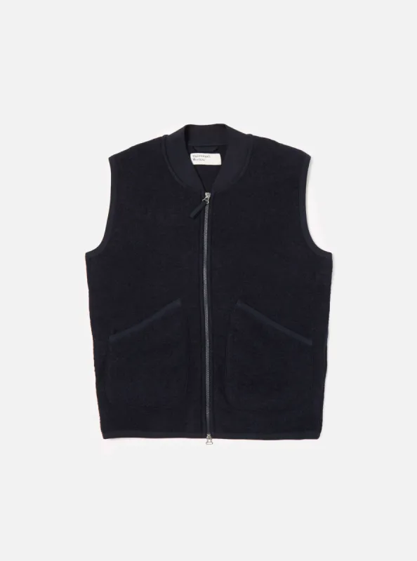 Universal Works Zip Waistcoat in Navy Wool Fleece sold by Universal Works