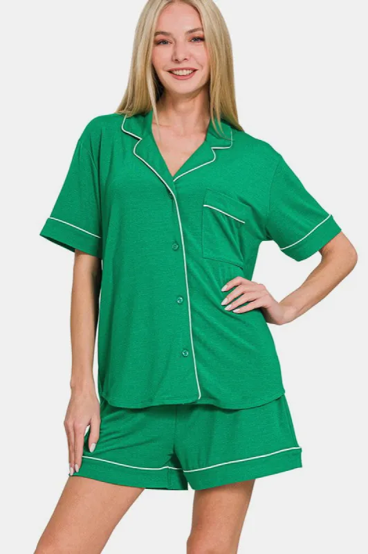 Zenana Button Down Short Sleeve Top and Shorts Lounge Set sold by Charming Charlie