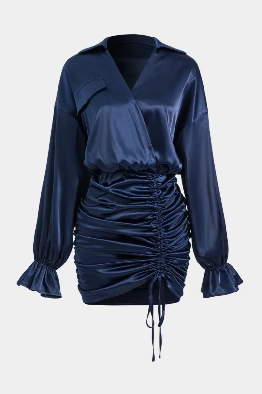 Satin Ruched Drawstring Pocket Long Sleeve Mini Dress sold by Micas