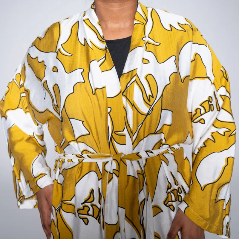 Mustard Tie-Belt Printed Kimono sold by Fashion World